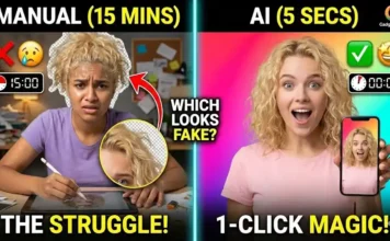 AI Background Remover vs Manual Photo Editing: What Looks More Real in 2026? (Photo Ka Background Kaise Hataye) Side-by-side comparison of curly hair cutout using a free AI background remover app versus manual Photoshop editing.