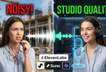 Text to Song: How to Create Viral Music Hits with AI in Minutes Waveform comparison of raw audio vs Adobe Podcast AI enhanced audio