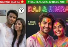 Holi Couple Photo Editing 2026 | Gadget Gyani Holi Couple Prompts (Copy Paste) A 3D realistic illustration of a young Indian couple playing Holi with their names written in glowing neon text in the background, generated using Bing Image Creator.