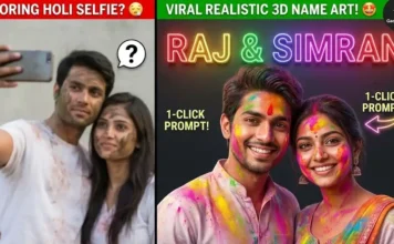 Holi Couple Photo Editing 2026 | Gadget Gyani Holi Couple Prompts (Copy Paste) A 3D realistic illustration of a young Indian couple playing Holi with their names written in glowing neon text in the background, generated using Bing Image Creator.