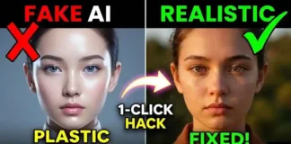 7 AI Photo Editing Mistakes That Make Your Images Look Fake (Fake Photo Ko Real Kaise Banaye) Side-by-side comparison showing a fake plastic AI generated photo versus a highly realistic real AI photo editing result with natural skin texture.
