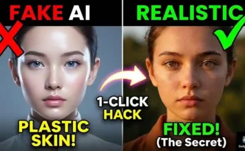 7 AI Photo Editing Mistakes That Make Your Images Look Fake (Fake Photo Ko Real Kaise Banaye) Side-by-side comparison showing a fake plastic AI generated photo versus a highly realistic real AI photo editing result with natural skin texture.