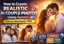 How to Create Realistic AI Couple Photos Using Gemini (Free Prompt 2026) Realistic AI couple photo created using Gemini with cinematic lighting and DSLR 85mm lens effect