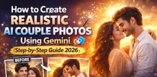 How to Create Realistic AI Couple Photos Using Gemini (Free Prompt 2026) Realistic AI couple photo created using Gemini with cinematic lighting and DSLR 85mm lens effect
