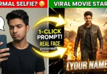 Viral Cinematic Movie Poster Name Art | Gadget Gyani AI Prompts A side-by-side comparison of a normal selfie and a hyper-realistic cinematic action movie poster starring the same person, generated using Gadget Gyani AI Prompts