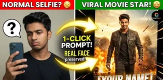 Viral Cinematic Movie Poster Name Art | Gadget Gyani AI Prompts A side-by-side comparison of a normal selfie and a hyper-realistic cinematic action movie poster starring the same person, generated using Gadget Gyani AI Prompts