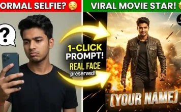 Viral Cinematic Movie Poster Name Art | Gadget Gyani AI Prompts A side-by-side comparison of a normal selfie and a hyper-realistic cinematic action movie poster starring the same person, generated using Gadget Gyani AI Prompts