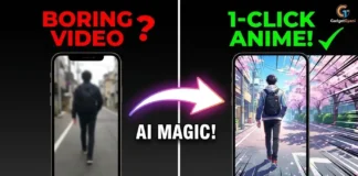 Gadget Gyani AI Video Editing: Convert Normal Video to Anime (1-Click Viral Hack) A split screen showing a normal video of a creator transforming into a Japanese anime character using Gadget Gyani AI video editing tools.