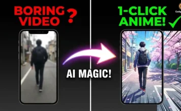 Gadget Gyani AI Video Editing: Convert Normal Video to Anime (1-Click Viral Hack) A split screen showing a normal video of a creator transforming into a Japanese anime character using Gadget Gyani AI video editing tools.