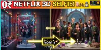 Viral 3D Mirror Selfie AI Prompt: Stranger Things & Money Heist Theme | Gadget Gyani A group of teenagers posing for a 3D mirror selfie AI generated image inspired by Stranger Things and Harry Potter, using the best netflix theme ai photo generator.