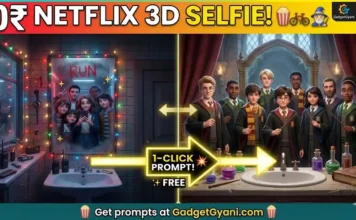 Viral 3D Mirror Selfie AI Prompt: Stranger Things & Money Heist Theme | Gadget Gyani A group of teenagers posing for a 3D mirror selfie AI generated image inspired by Stranger Things and Harry Potter, using the best netflix theme ai photo generator.