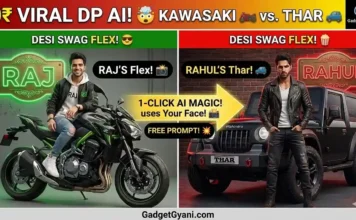 Viral 3D Superbike Name Art & Thar Attitude | Gadget Gyani AI Prompts A 3D illusion of a stylish boy sitting on a Kawasaki Ninja superbike with his name written in glowing neon lights, generated using Gadget Gyani AI Prompts.