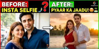 Viral Pre Wedding AI Photo Editing | Gadget Gyani AI Prompts A before and after comparison showing a couple's normal selfie transformed into a cinematic beach pre-wedding shoot using Gadget Gyani AI prompts.